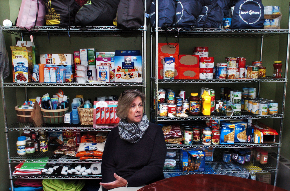 Messalonskee High School Principal Paula Callan speaks on Thursday about the school food pantry program for students at the Oakland school.