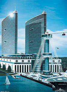 John Cacoulidis proposed this $900 million hotel and convention center on the South Portland waterfront in 2001. It called for a harbor-crossing cable-car system and two 635-foot-tall elliptical-shaped hotels with a total of 2,600 rooms. Press Herald file rendering