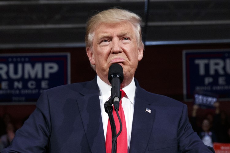 Republican presidential candidate Donald Trump speaks during a campaign rally Monday in Ambridge, Pa.
