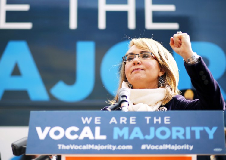 Former U.S. Rep. Gabby Giffords speaks Wednesday at Congress Square Park in Portland in support of Question 3 on Maine's Nov. 8 ballot.