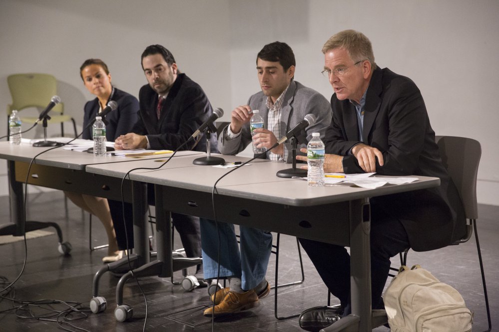 Panelists at Tuesday's public forum on legalizing marijuana were, from left: Jennifer Ackerman, deputy district attorney for Cumberland County; Scott Gagnon of Smart Approaches to Marijuana, Maine; David Boyer of Yes on 1: Regulate and Tax Marijuana; and Rick Steves of the National Organization for the Reform of Marijuana Laws.