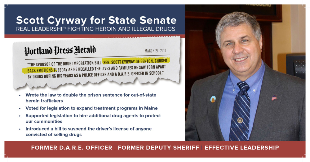 A Maine Republican Party flier mailed out in Waterville-area Senate District 16 targets the Democratic candidate, Henry Beck, over issues related to the state drug crisis.