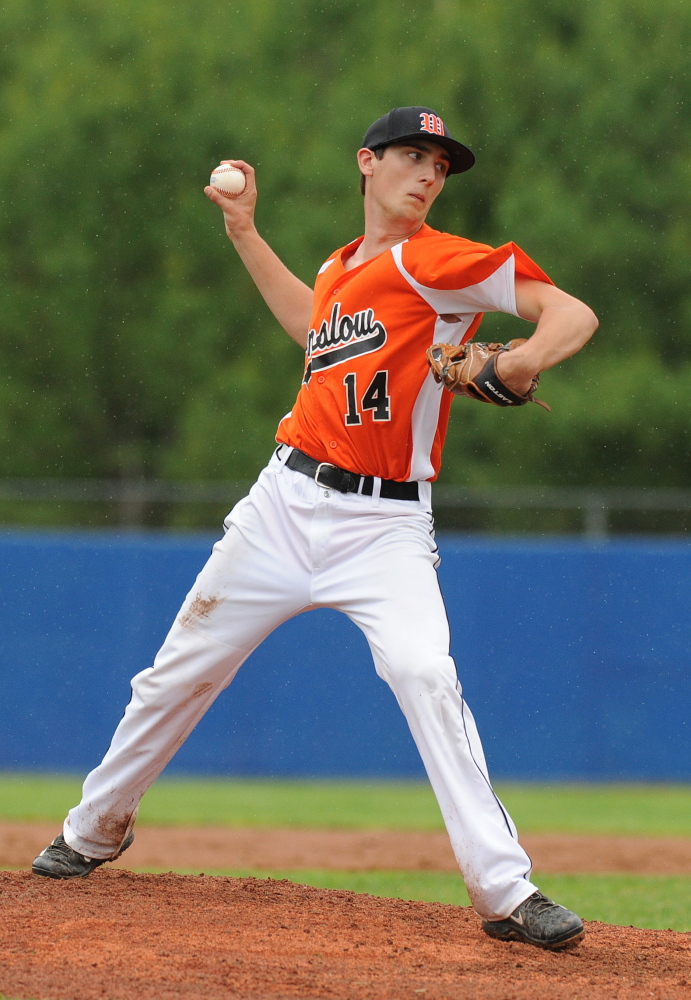 Winslow pitcher Nate Gagnon throws a pitch during the seventh inning of the Class B North title game last season at Mansfield Stadium in Bangor. a Maine Principals' Association committee finalized pithc count rules that are epxected to be enforced this spring.