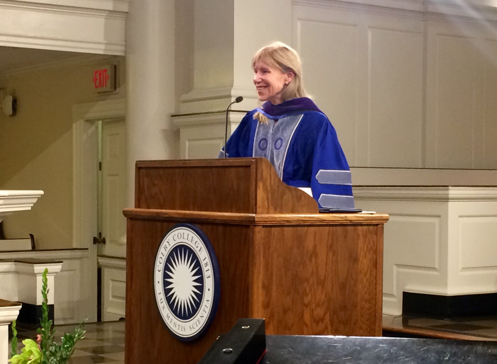 Journalist Alissa Rubin takes questions from the audience following her Lovejoy Convocation address at Colby College Monday night.