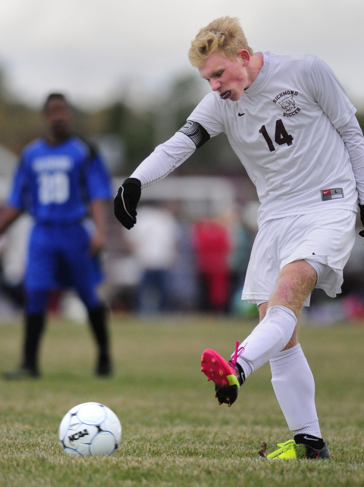 Richmond's Brendan Emmons takes a shot against Islesboro in a Class D South semifinal game Thursday in Richmond.