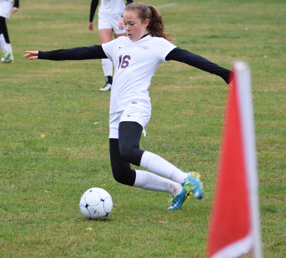 Richmond freshman Abby Johnson tries to collect the ball during a Class D South semifinal against Rangeley on Saturday morning. Johnson scored a goal in a 7-0 victory.
