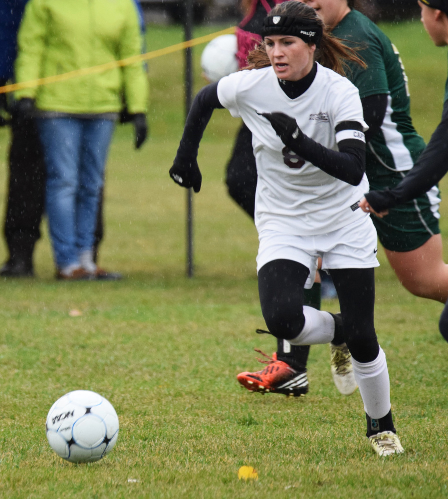 Richmond senior captain Meranda Martin moves the ball into space during a Class D South semifinal game Saturday against Rangeley. Martin scored four goals to lead the top-seeded Bobcats to a 7-0 victory.