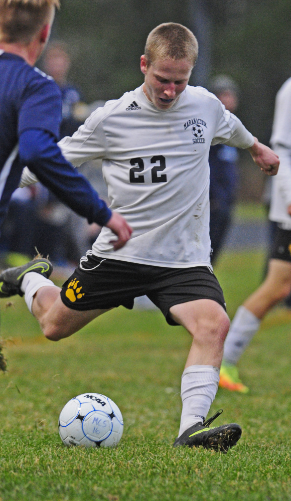 Maranacook's Connor McSweeney shoots against York during a Class B South semifinal Saturday in Readfield.