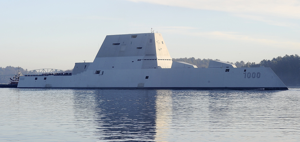 Gordon Chibroski/Staff Photographer
The Zumwalt launches from Bath Iron Works and heads down the Kennebec River for sea trials.