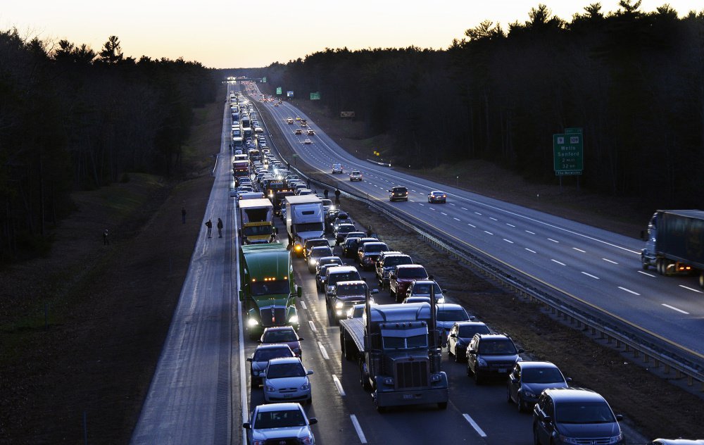 The view south from Coles Hill Road in Wells shows northbound traffic backed up for miles.