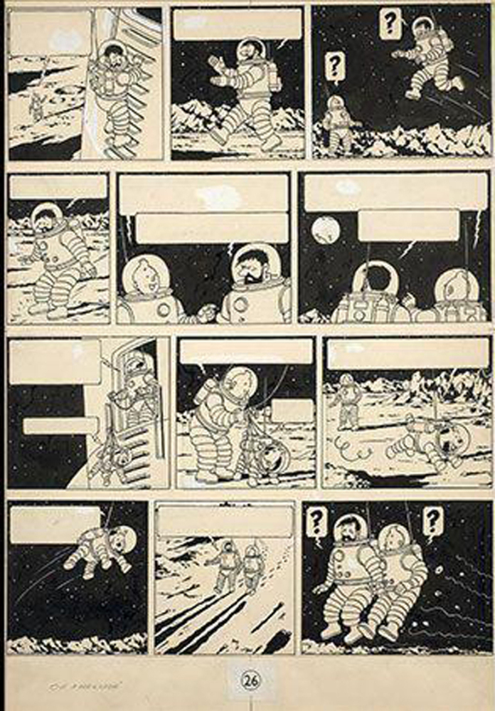 This photo provided  by French auction house Artcurial shows a drawing from one of Tintin's most famous cartoon books, "Explorers on the Moon" by Belgian cartoonist Herge. The original drawing in Chinese ink shows the fearless reporter, his white dog Snowy and his friend Captain Haddock in spacesuits, walking on the moon for the first time and looking at the Earth. <em>Herge-Moulinsart2016/Artcurial via AP</em>