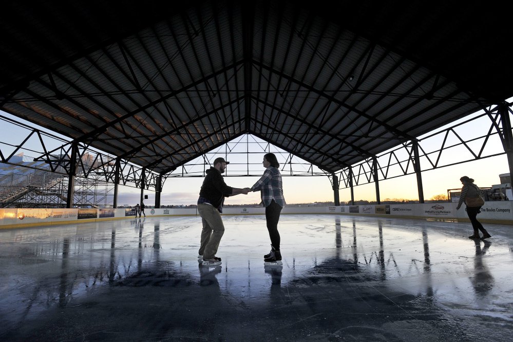 Ryan McNulty and Mary Duncan, both of Portland, headed for the ice rink at Thompson's Point on Saturday, when the high was in the 60s.