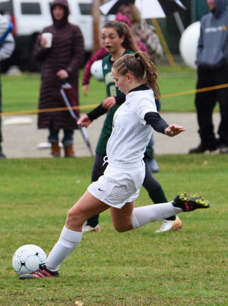 Contributed photo/Jay Brown
Richmond's Caitlin Kendrick passes the ball during the D South semifinal game against Rangeley.