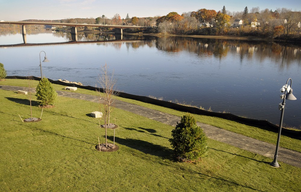 This newly landscaped lawn, seen earlier this week, is next to the Kennebec River at the sewer overflow station in Gardiner.
