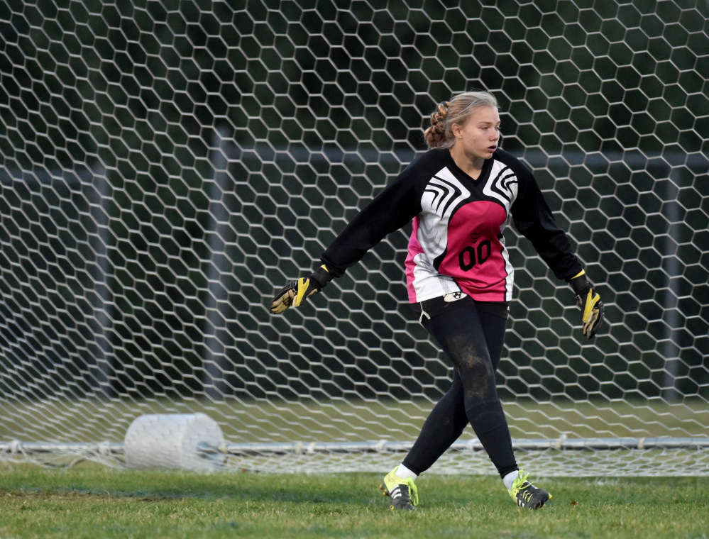 Waterville goalie T.T. Brandon guards the net during the Class B North championship game at Pottle Field in Hermon. Brandon came up big for the Purple Panthers in a 1-0 victory, and she'll be key again Saturday in the state game against Falmouth.