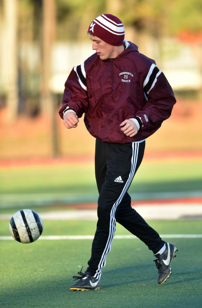 Monmouth Academy's Hunter Richardson works out during practice Friday at Thomas College in Waterville. The Mustangs will play Washington Academy in the Class C state championship game at 5:30 p.m. Saturday in Hampden.