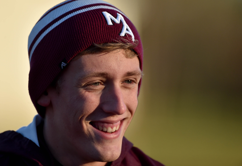 Monmouth Academy's Hunter Richardson plays in the central midfield for a team that will take on Washington Academy in the Class C state championship at 5:30 p.m., today in Hampden.