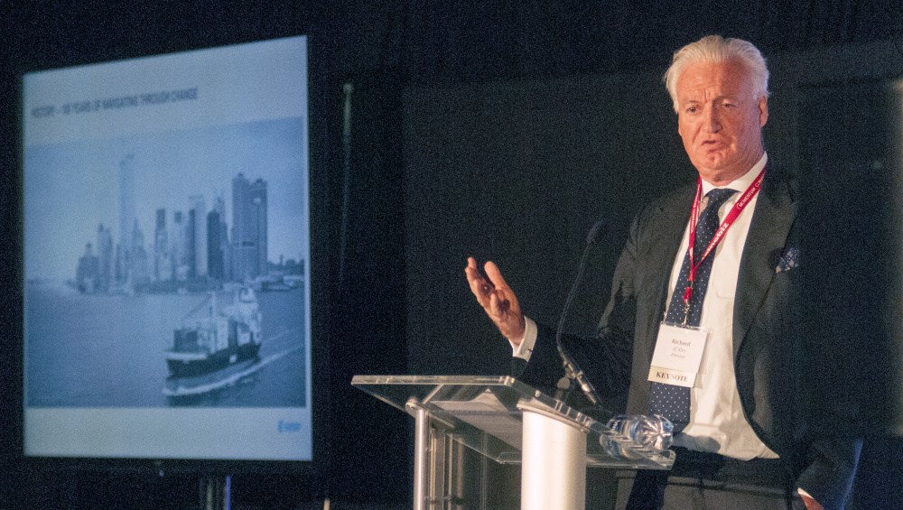 Eimskip Chairman of the Board Richard d'Abo speaks on Wednesday in the Augusta Civic Center.