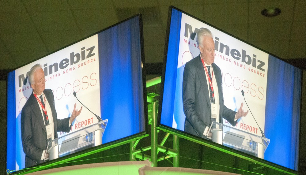 Eimskip Chairman of the Board Richard d'Abo's keynote speech is shown live on large screens TV around the auditorium last week in the Augusta Civic Center.