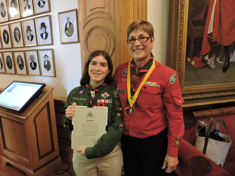 Paige Spears, left, and Scoutmaster 1st Ketepec Brenda Graham in the chambers of Parlaiment.