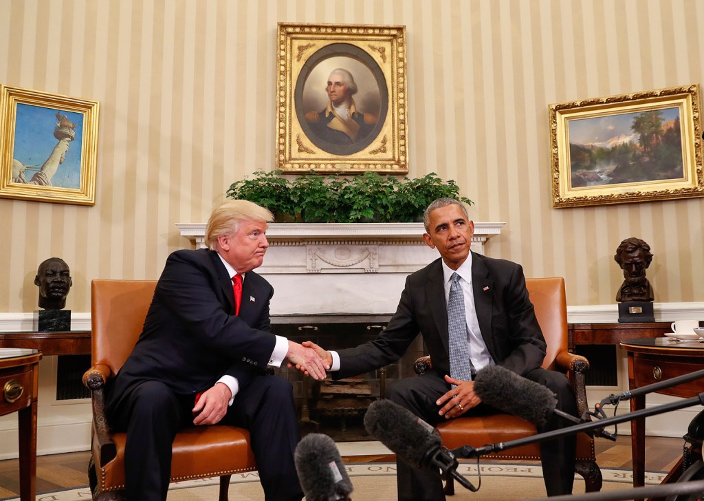 President Barack Obama and President-elect Donald Trump shake hands following their meeting in the Oval Office of the White House in Washington on Thursday.