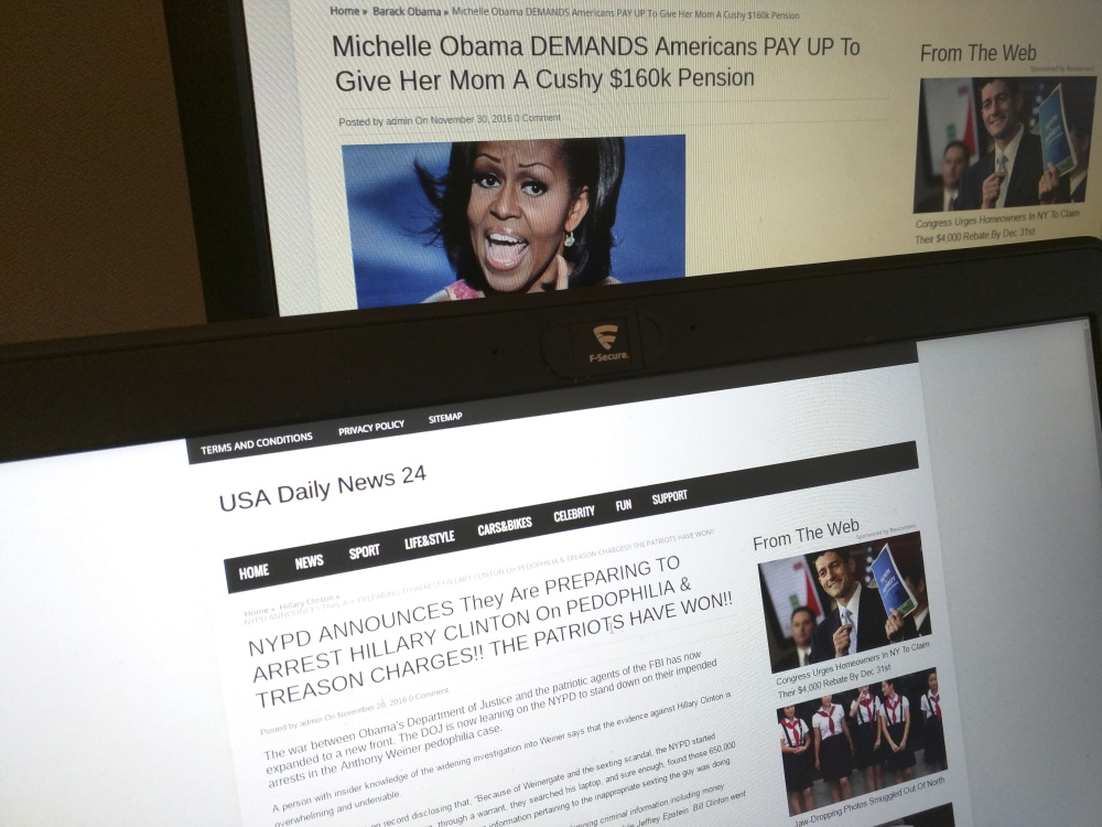 Stories from USA Daily News 24, a fake news site registered in Veles, Macedonia. Both stories shown here are bogus.