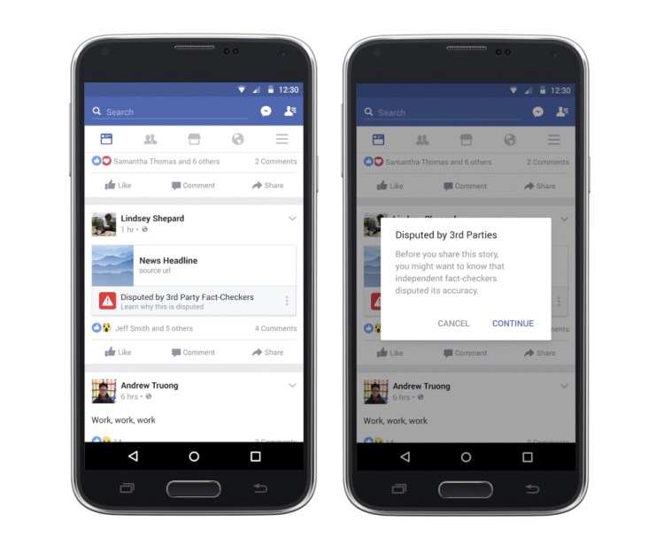 This photo combo of images provided by Facebook demonstrates some of the new measures Facebook is taking to curb the spread of fake news on its huge and influential social network.