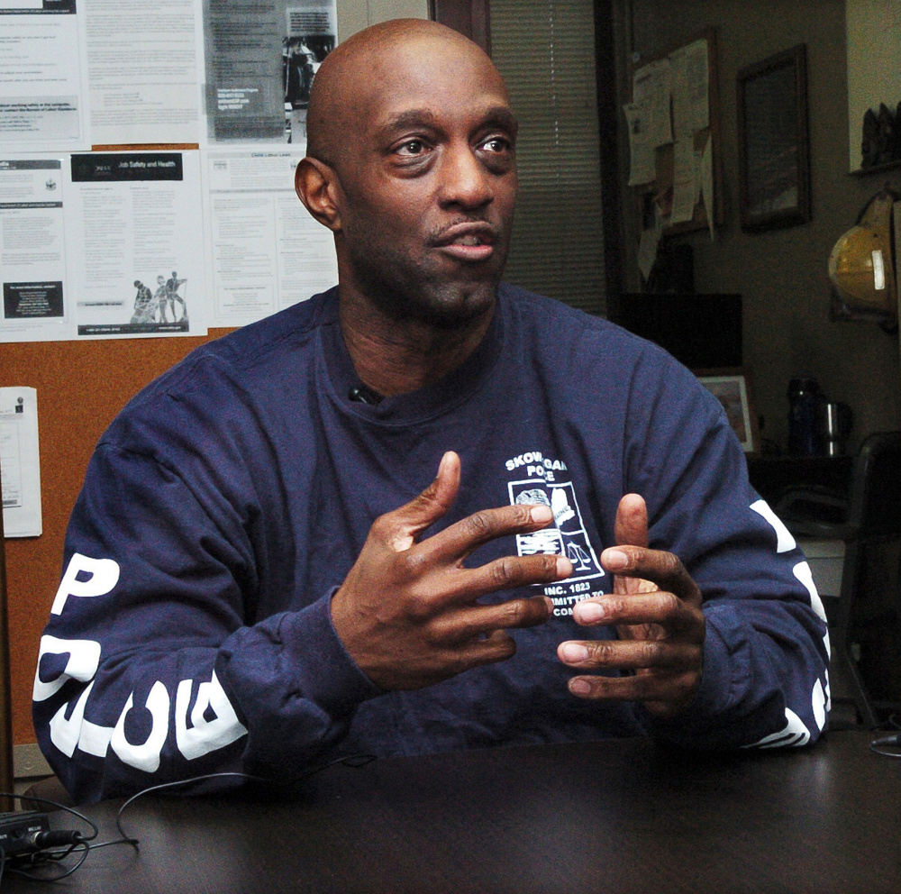 Skowhegan Police officer Tim Williams speaks Monday about how he responded to a fire at a mobile home in Skowhegan on Friday and crawled into the smoky home and helped drag to safety a mother and son.