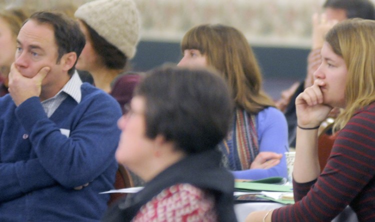 People listen to Brian Donahue speak Monday at the Maine Farmland Access Conference in Augusta.