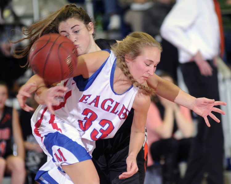 Gardiner's Lauren Chadwick defends Messalonskee's Ally Turner during a Class A North semifinal game last year in Augusta.