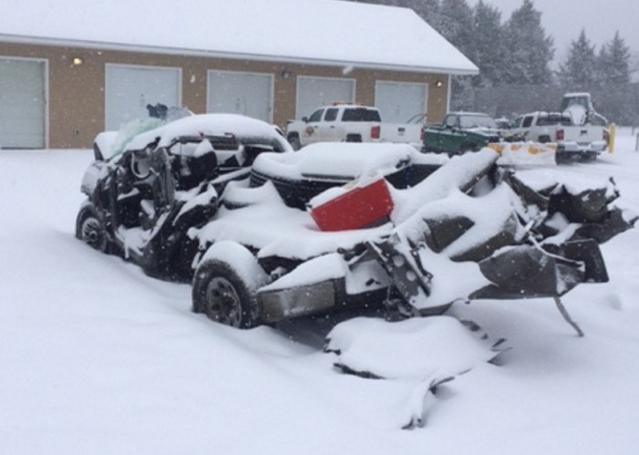 The 2007 GMC Sierra truck in this photo provided by the Somerset County Sheriff's Office veered off Bog Road in New Portland early Monday morning. The crash resulted in the death of the driver, Connor Graham, 21, of Hampden.