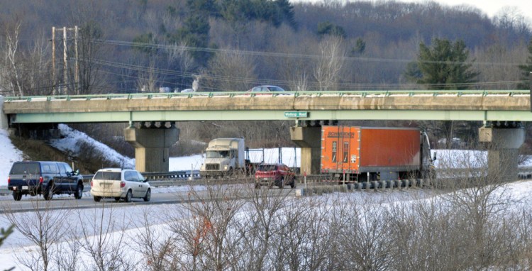 This Tuesday photo shows the Winthrop Street bridge over Interstate 95 in Hallowell that is scheduled to be replaced next year.