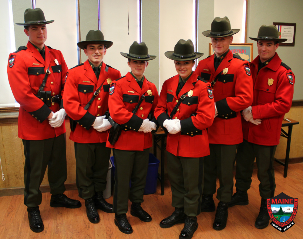 The Maine Criminal Justice Academy graduated 61 new police officers on Dec. 16 in Vassalboro. Of those 61 officers, five were Maine game wardens. From left are Game Wardens Taylor Valente, Kayle Hamilton, Megan Miller, Lauren Roddy and Camden Akins, and Kyle Franklin. Because of limited BLETP class sizes, Franklin will enter the academy in August 2017.