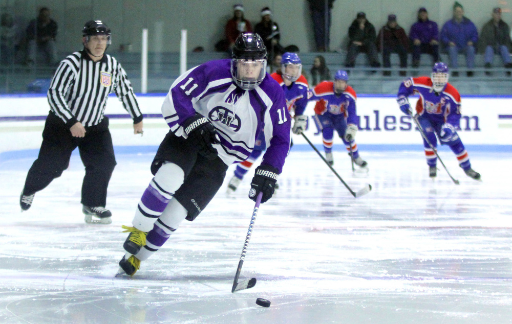 Waterville forward Jackson Aldrich breaks away for a scoring opportunity during a game against Messalonskee High School earlier this season.