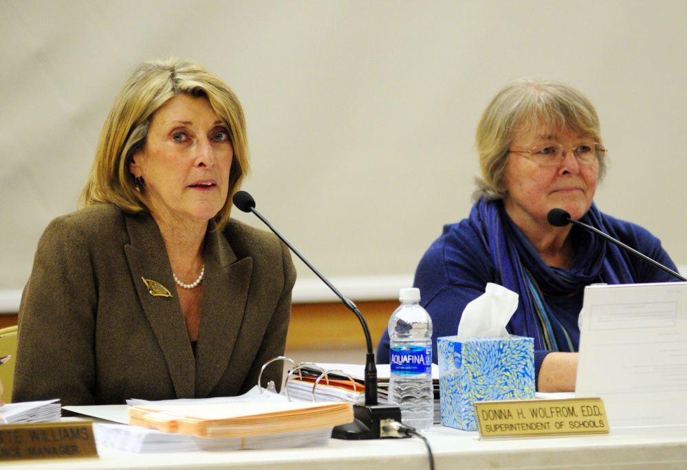 Superintendent Donna Wolfram, left, speaks beside board Chairwoman Terri Watson during a Regional School Unit 38 School Board meeting last week at Maranacook Community School in Readfield, where the board discussed mold found in October in Manchester Elementary School.