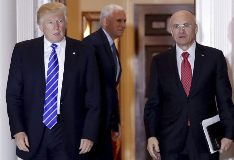 Then-President-elect Trump accompanies Labor Secretary-designate Andrew Puzder on Nov. 19.