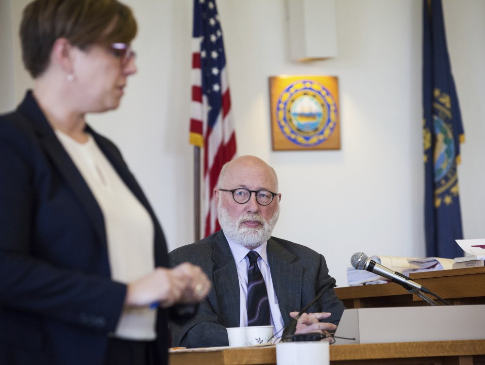 Attorney J.W. Carney Jr. is cross-examined during the last day of an evidentiary hearing on whether his former client, prep school graduate Owen Labrie, will be granted a retrial at Merrimack County Superior Court in Concord, N.H., on Thursday.