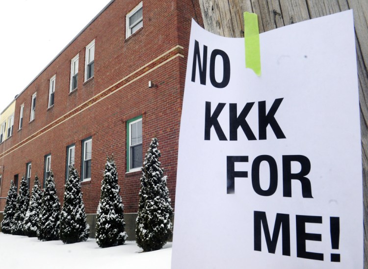 This sign on Oxford Street hangs on a utility pole on Wednesday in Augusta. The signs appeared after pro-Ku Klux Klan fliers were found around the Sand Hill neighborhood earlier this week.