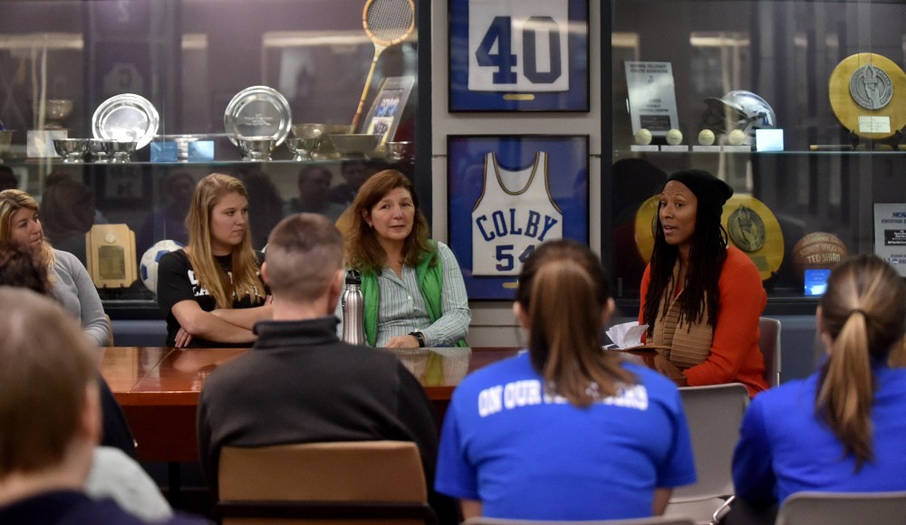 Basketball legend Chamique Holdsclaw meets with coaches, staff and student-athletes at Colby College for a discussion on depression Thursday afternoon.