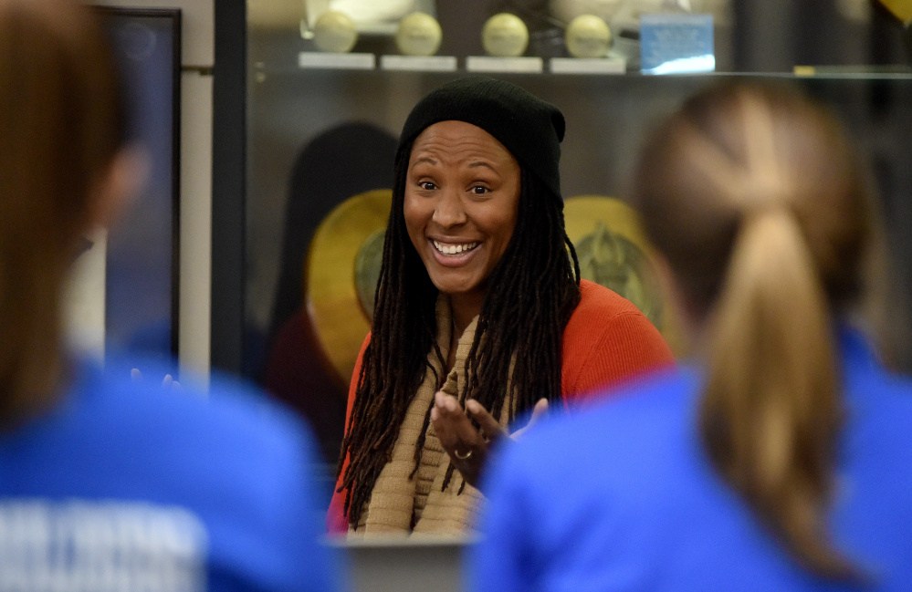Basketball legend Chamique Holdsclaw meets with coaches and staff at Colby College for a discussion on depression Thursday afternoon.