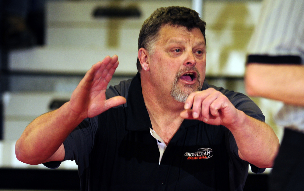 Skowhegan head girls basketball coach Michael LeBlanc reacts during a Class A North quarterfinal game against Oceanside on Friday afternoon at the Augusta Civic Center.