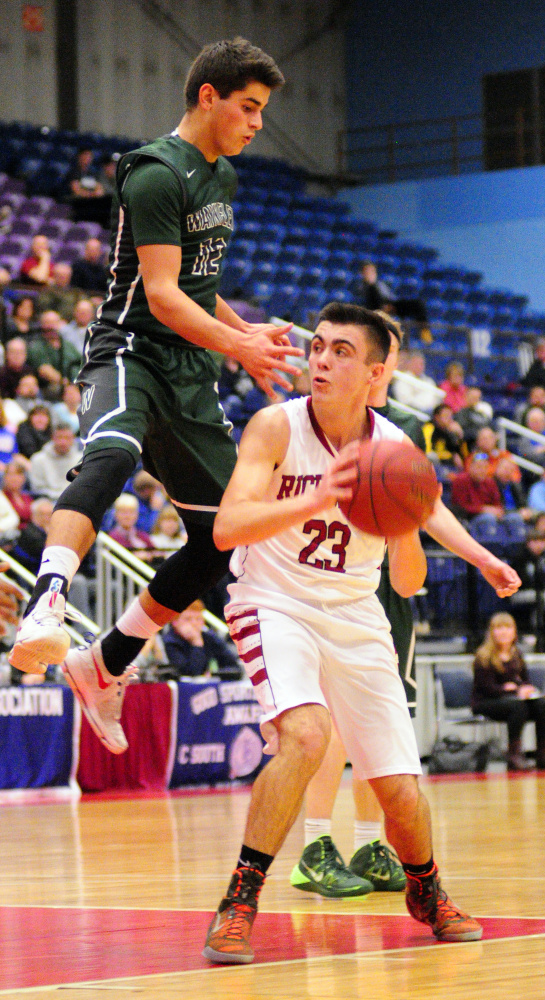 Waynflete's Alex Saadé defends Richmond's Zach Small during a Class C South quarterfinal game Monday at the Augusta Civic Center.