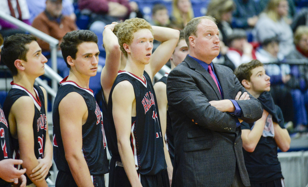 Hall-Dale coach Chris Ranslow watches the final seconds of a Class C South quarterfinal game tick down Monday in Augusta. The Bulldogs lost to the North Yarmouth Panthers 59-55.