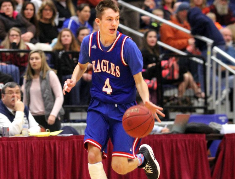 Messalonskee's James Kouletsis dribbles up the court during a Class A North quarterfinal game against Gardiner last Saturday at the Augusta Civic Center.