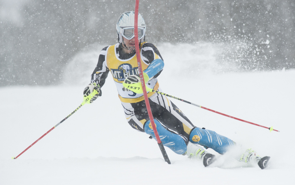 Maranacook senior Nathan Delmar competes in the Kennebec Valley Athletic Conference and Mountain Valley Conference Alpine championships earlier this month.