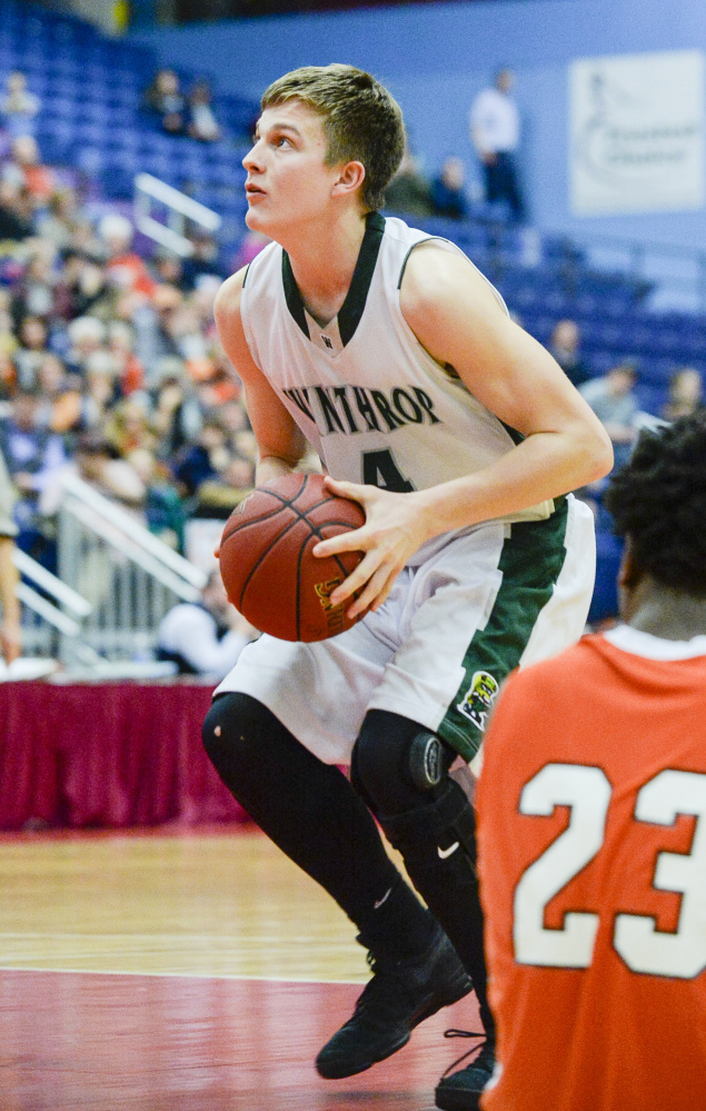 Winthrop's Spencer Steele takes a shot during a Class C South semifinal Thursday night in Augusta.