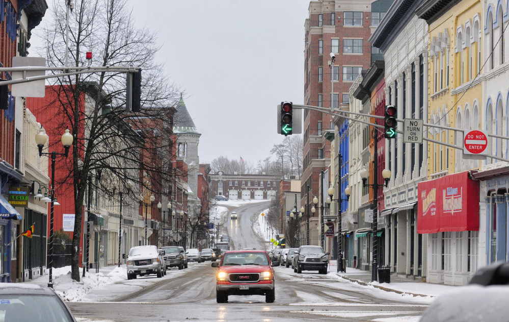 This February file photo shows the one-way northbound traffic on Water Street in downtown Augusta. Augusta City Council is once again discussing the possibility of opening the road to two-way traffic.