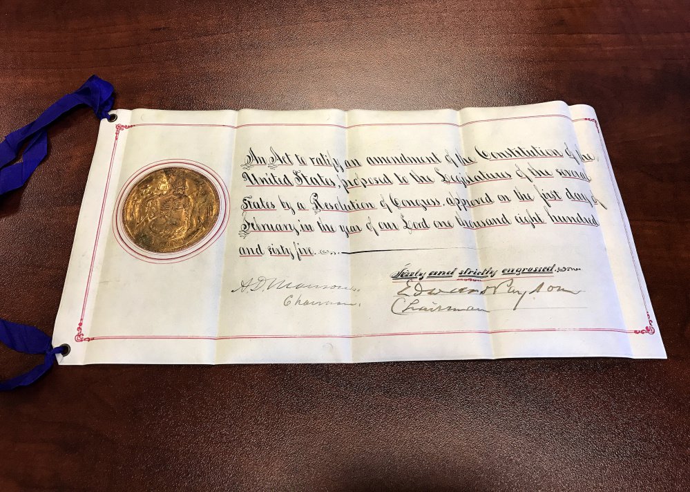 A document from the collection of paperwork connected to the Maine Legislature's vote in February 1865 to ratify the 13th Amendment, abolishing slavery.