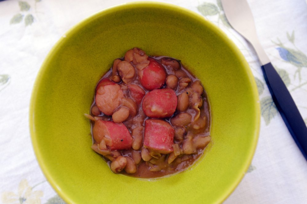 Baked beans and red snapper hot dogs.