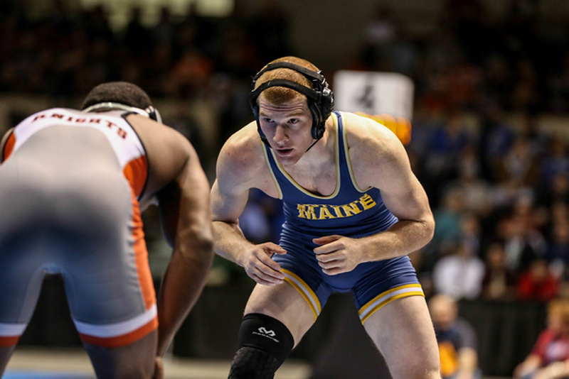 University of Southern Maine senior Dan Del Gallo, a Gardiner native, prepares to wrestle Kenny Martin of Wartburg College in the semifinals of the 149-pound weight class at the Division III national championships on Saturday in La Crosse, Wisconsin.